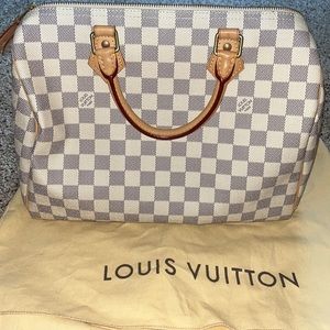 Authentic Speedy 30 Damier Azur Cream Canvas Leather Satchel